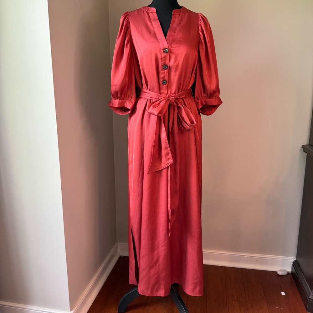Ann Taylor Maxi Dress Women Medium Rust Short Puff Sleeve Tie Waist Satin V-Neck